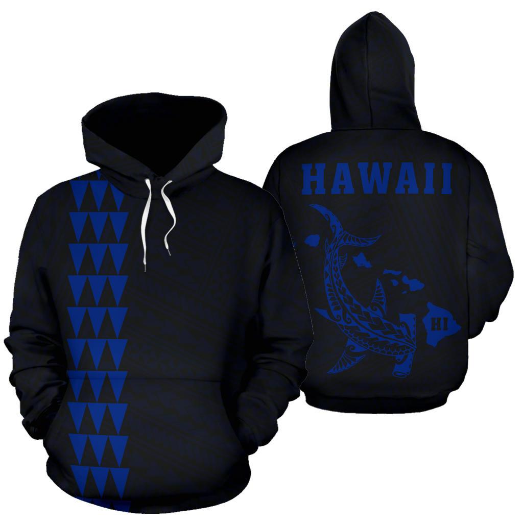 Polynesian Kakau Hammerhead Shark Map of Hawaii Hoodie Blue Unisex Blue - Polynesian Pride