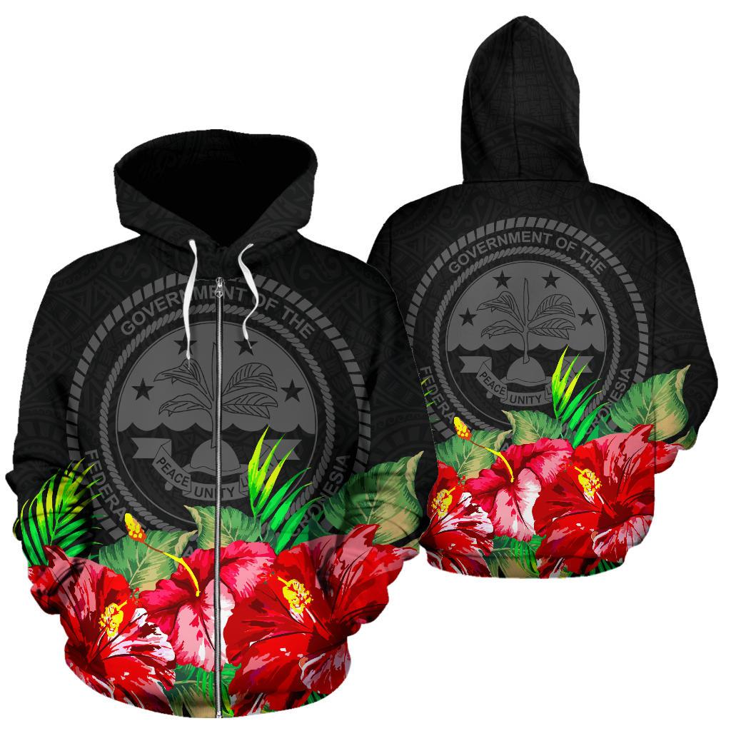 Federated States of Micronesia Zip Hoodie Black Hibiscus Black - Polynesian Pride