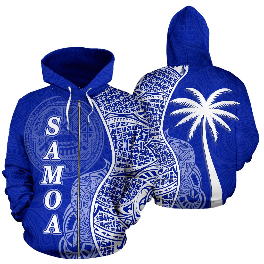 American Samoa Polynesian Zip up Hoodie Coconut Tree Blue Unisex Blue - Polynesian Pride