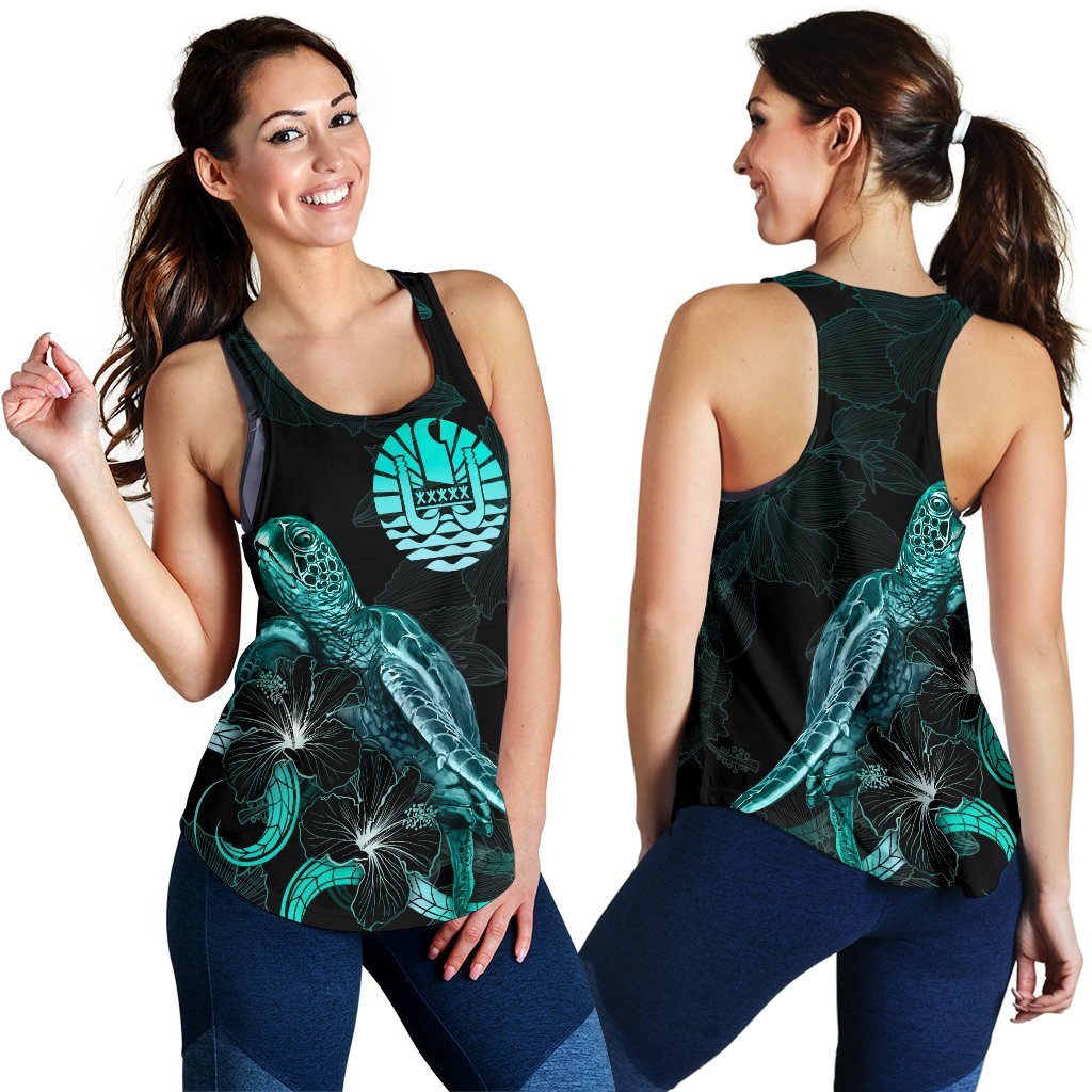 Tahiti Polynesian Women Tank Top - Turtle With Blooming Hibiscus Turquoise - Polynesian Pride