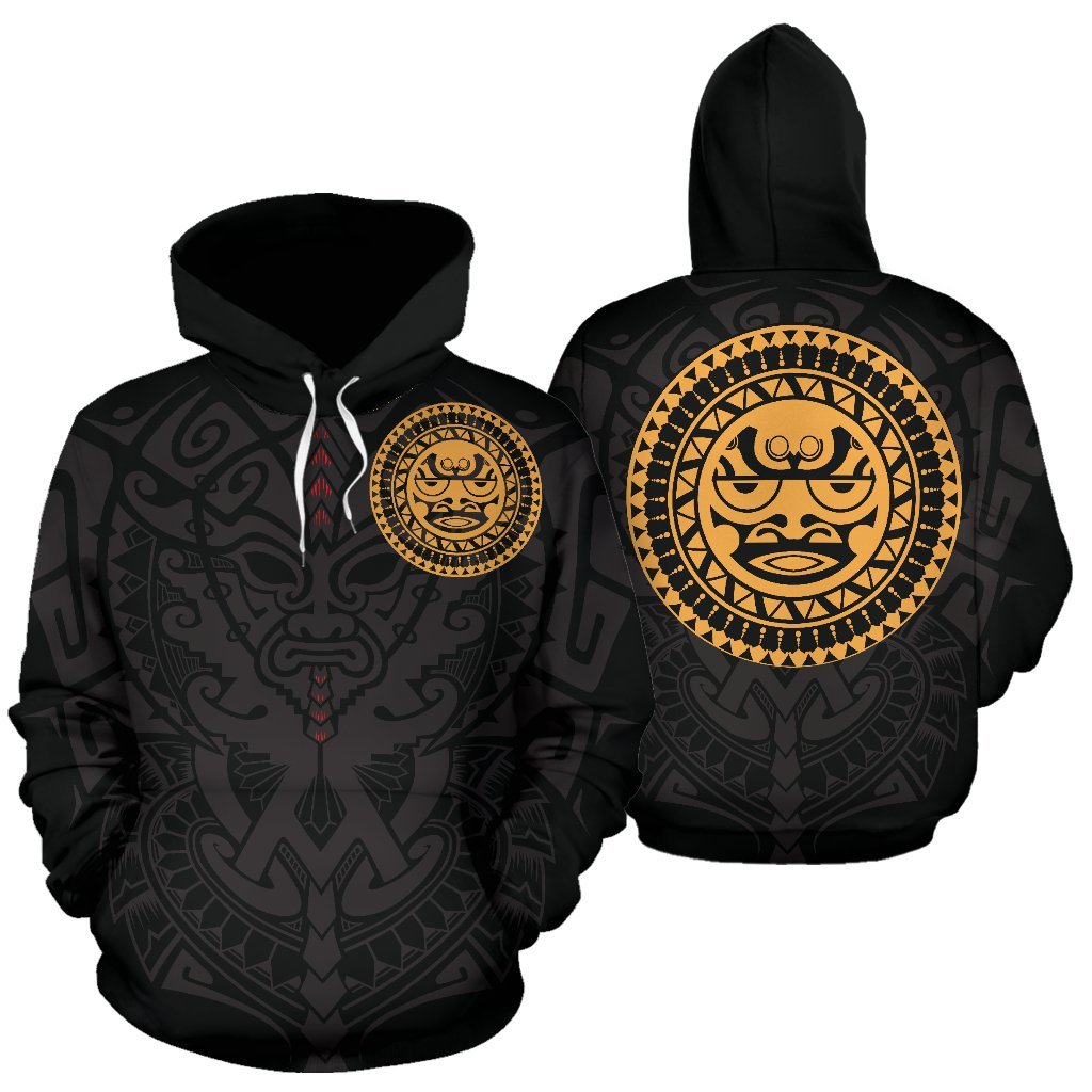 Polynesian All Over Hoodie Polynesian Face Tattoo 5 Unisex Black & GOLD - Polynesian Pride