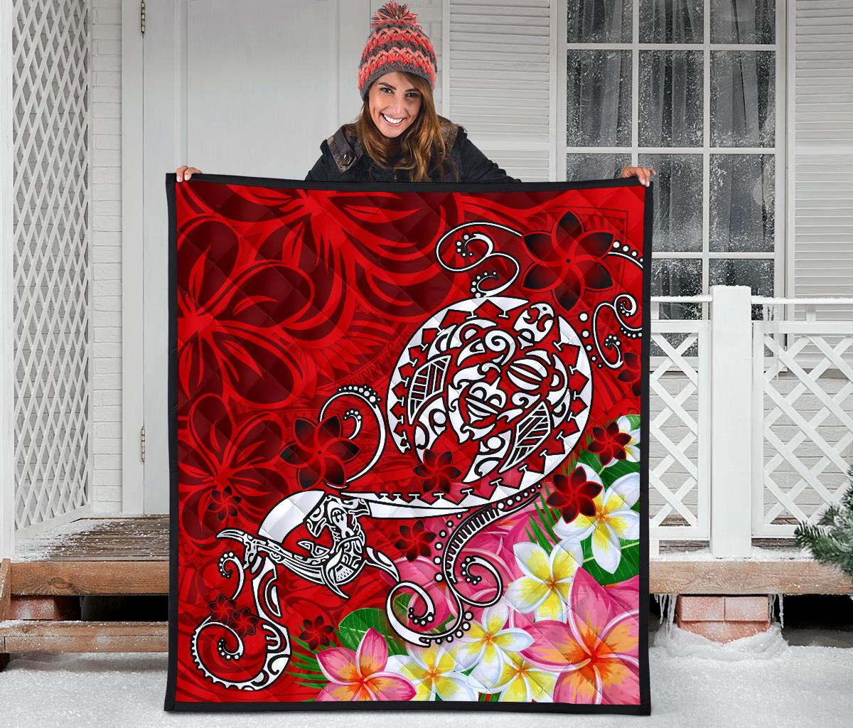 Polynesian Premium Quilt - Turtle Plumeria Red Color - Polynesian Pride