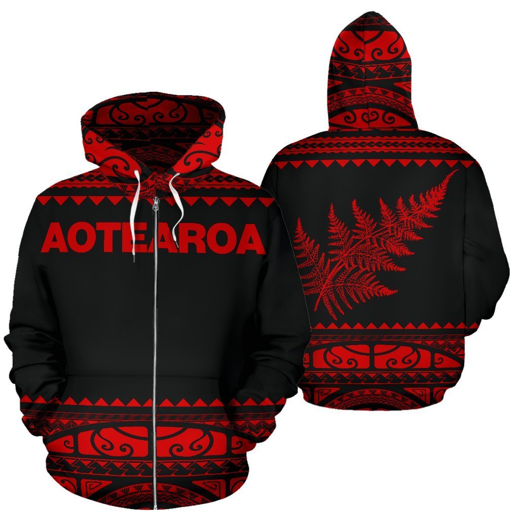 New Zealand Maori Zip up Hoodie, Aotearoa Silver Fern Zipper Hoodie Red Unisex Black - Polynesian Pride