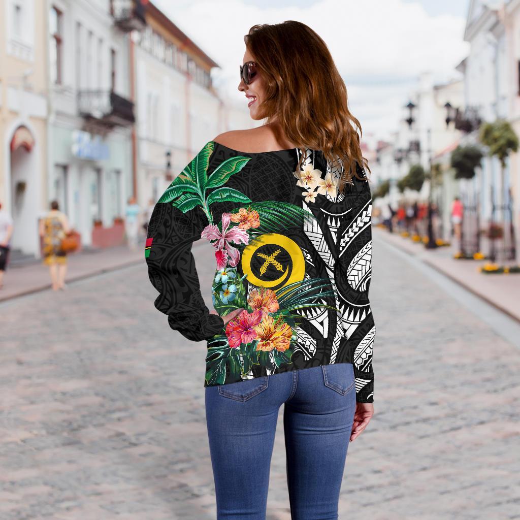 Vanuatu Women'S Off Shoulder Sweater Coat Of Arms Polynesian With Hibiscus-2 - Polynesian Pride