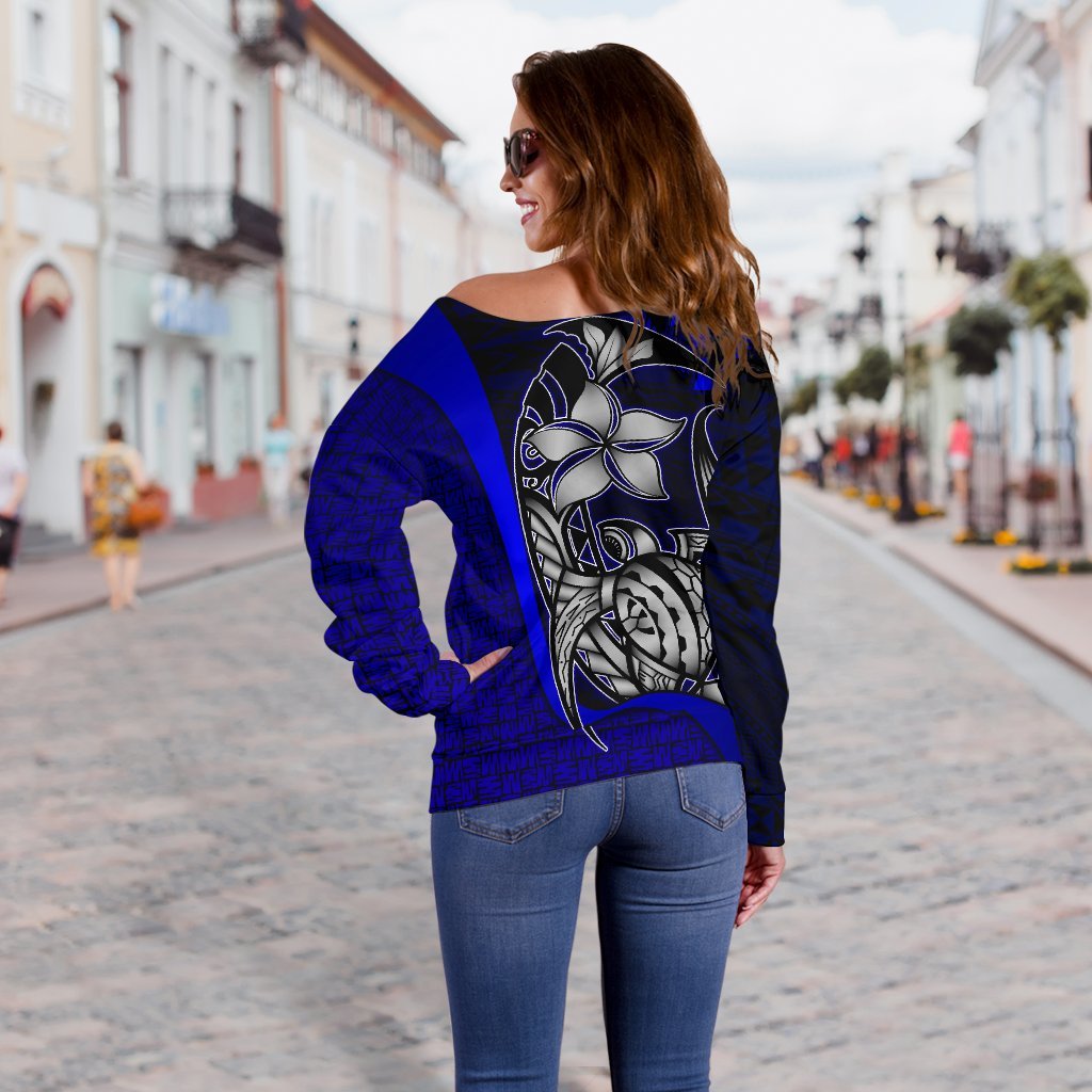 Kosrae Micronesia Women Off Shoulder Sweater Blue - Turtle With Hook - Polynesian Pride