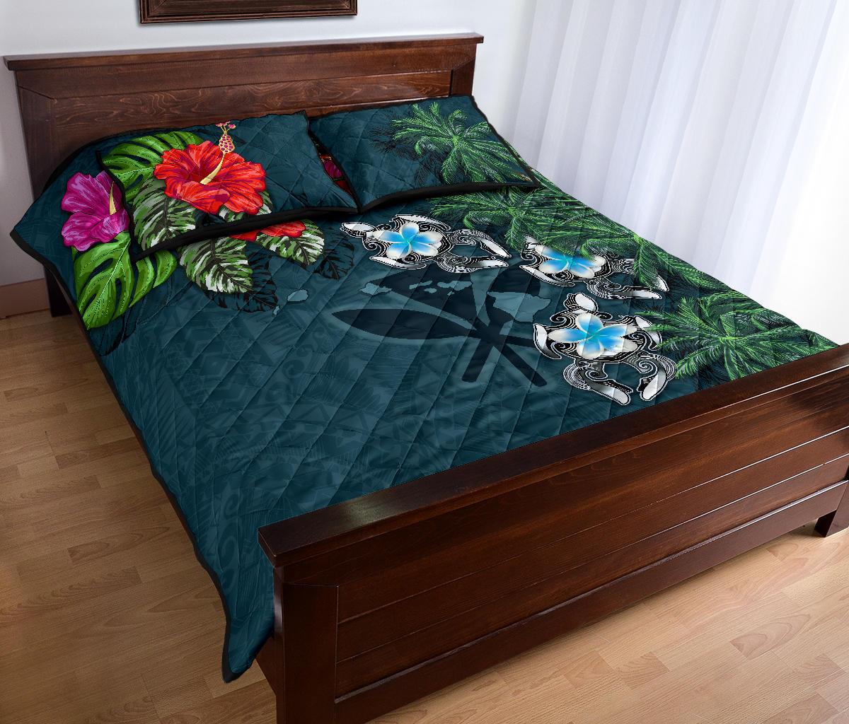Kanaka Maoli (Hawaiian) Quilt Bed Set - Hibiscus Turtle Tattoo Blue - Polynesian Pride