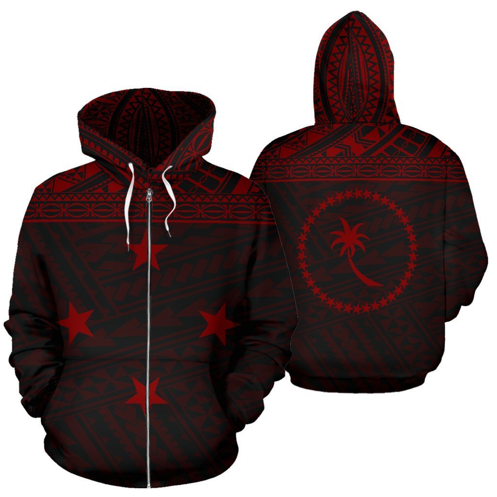 Federated States of Micronesia All Over Zip up Hoodie Chuuk Red Style Unisex Black - Polynesian Pride