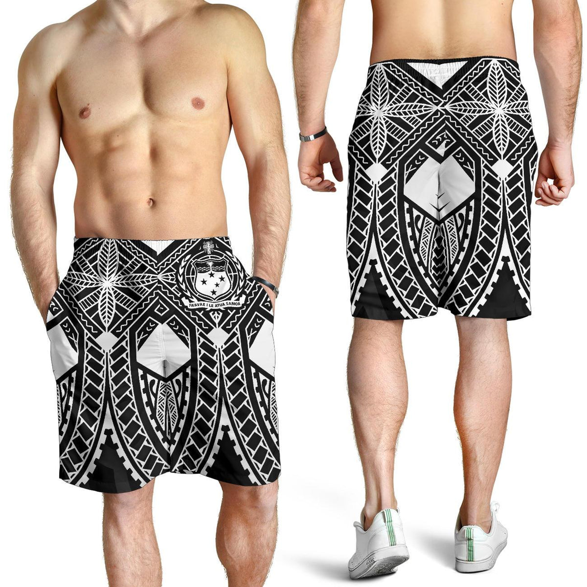 Samoa Polynesian Men's Shorts - Samoa White Seal with Polynesian Tattoo - Polynesian Pride