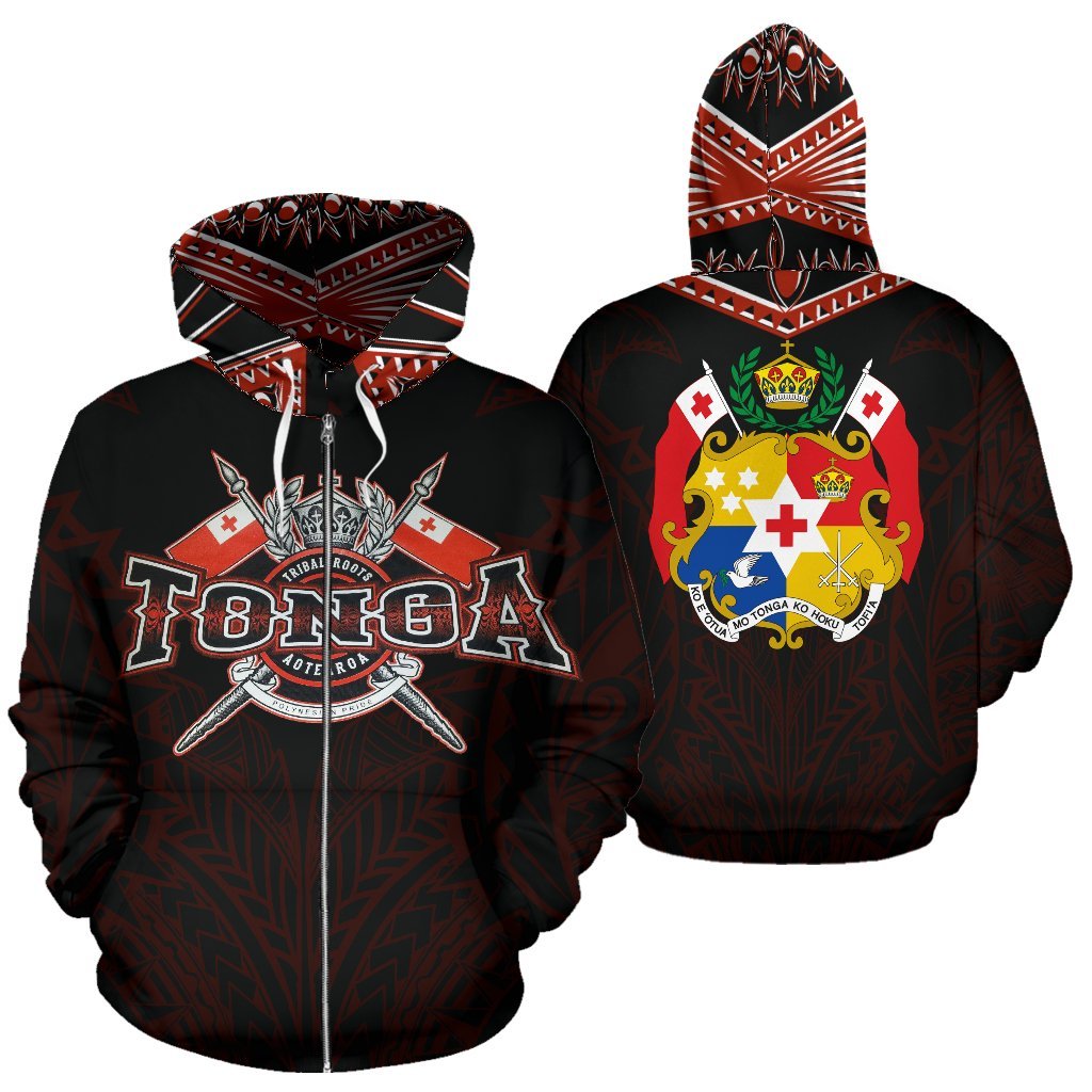 Tonga All Over Zip up Hoodie Red Unisex Black - Polynesian Pride