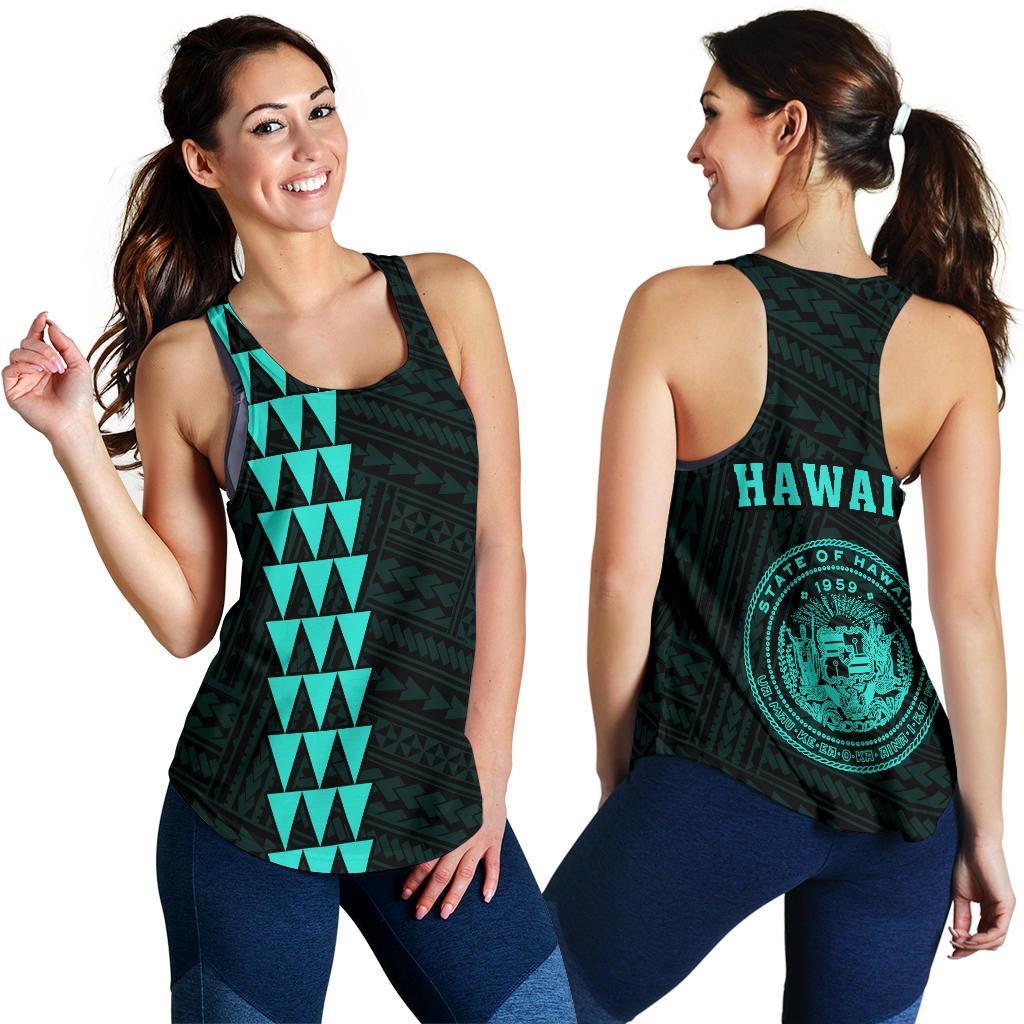 Hawaii Kakau Polynesian Coat Of Arms Women's Racerback Tank - Turquoise Turquoise - Polynesian Pride