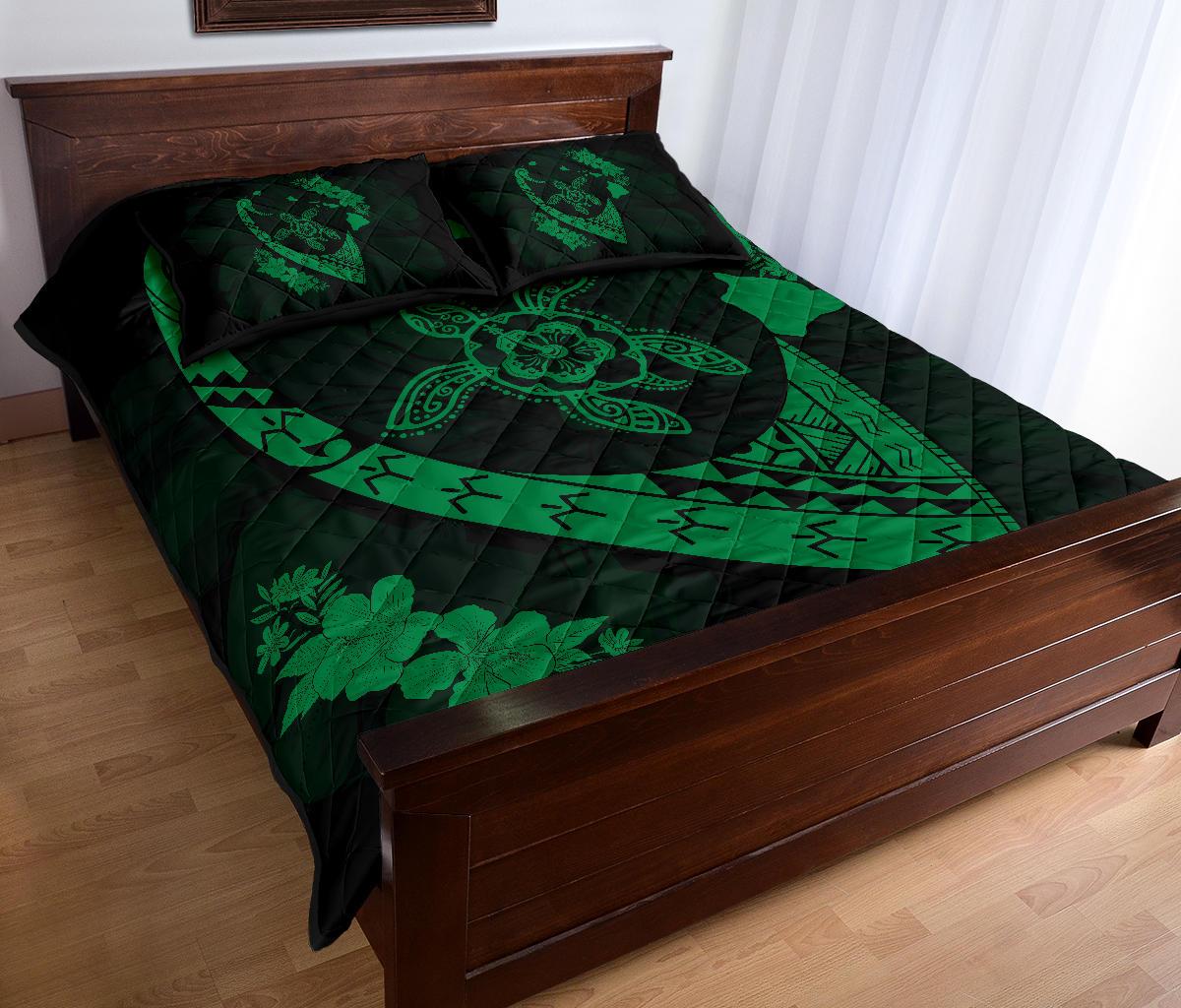 Hawaiian Map Hibiscus Turtle Fish Hook Polynesian Quilt Bedding Set Green - Polynesian Pride