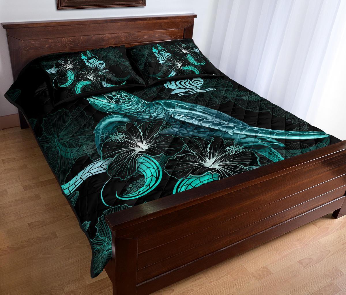 New Caledonia Polynesian Quilt Bed Set - Turtle With Blooming Hibiscus Turquoise - Polynesian Pride