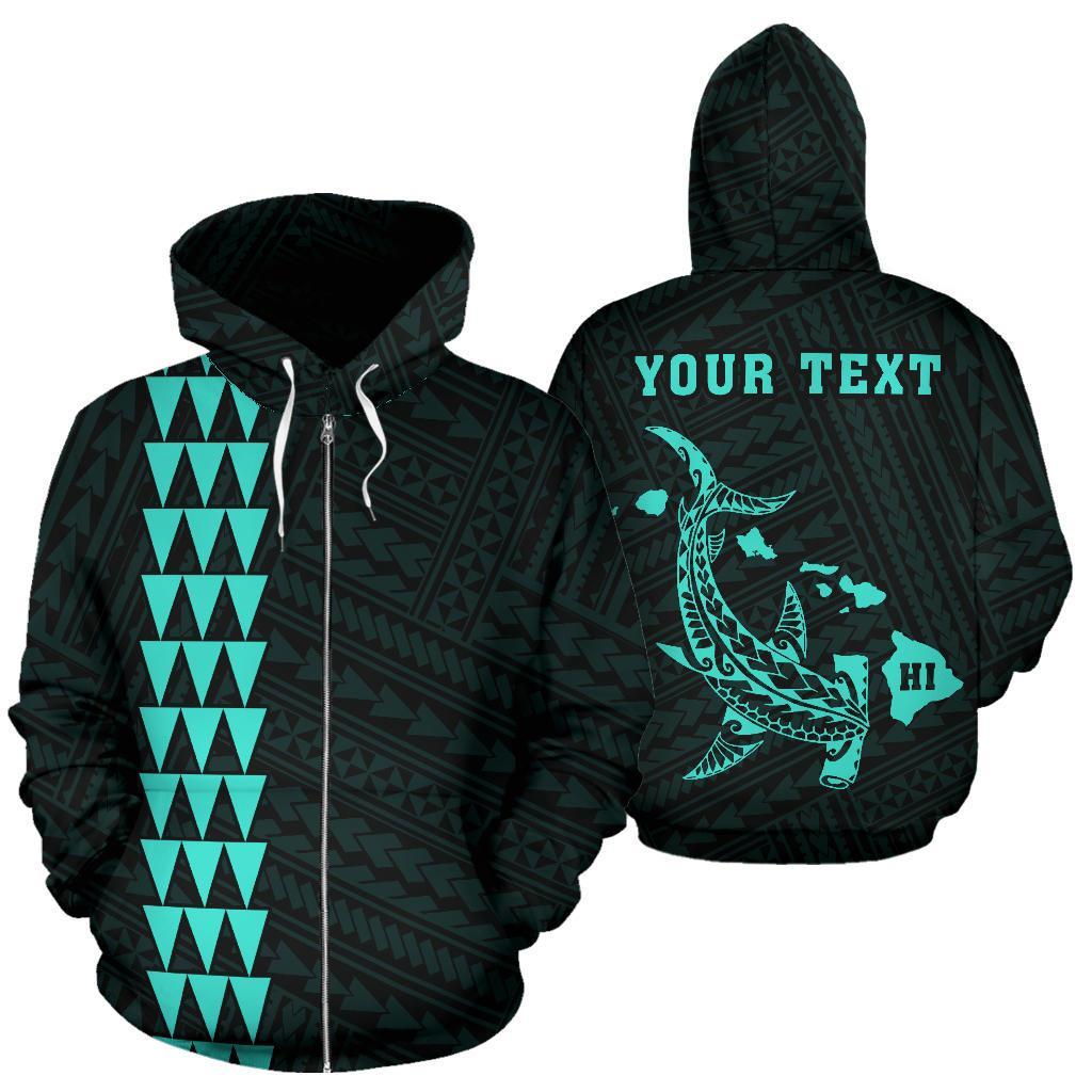 Polynesian Kakau Hammerhead Shark Map of Hawaii Custom Zip Hoodie Turquoise Unisex Turquoise - Polynesian Pride