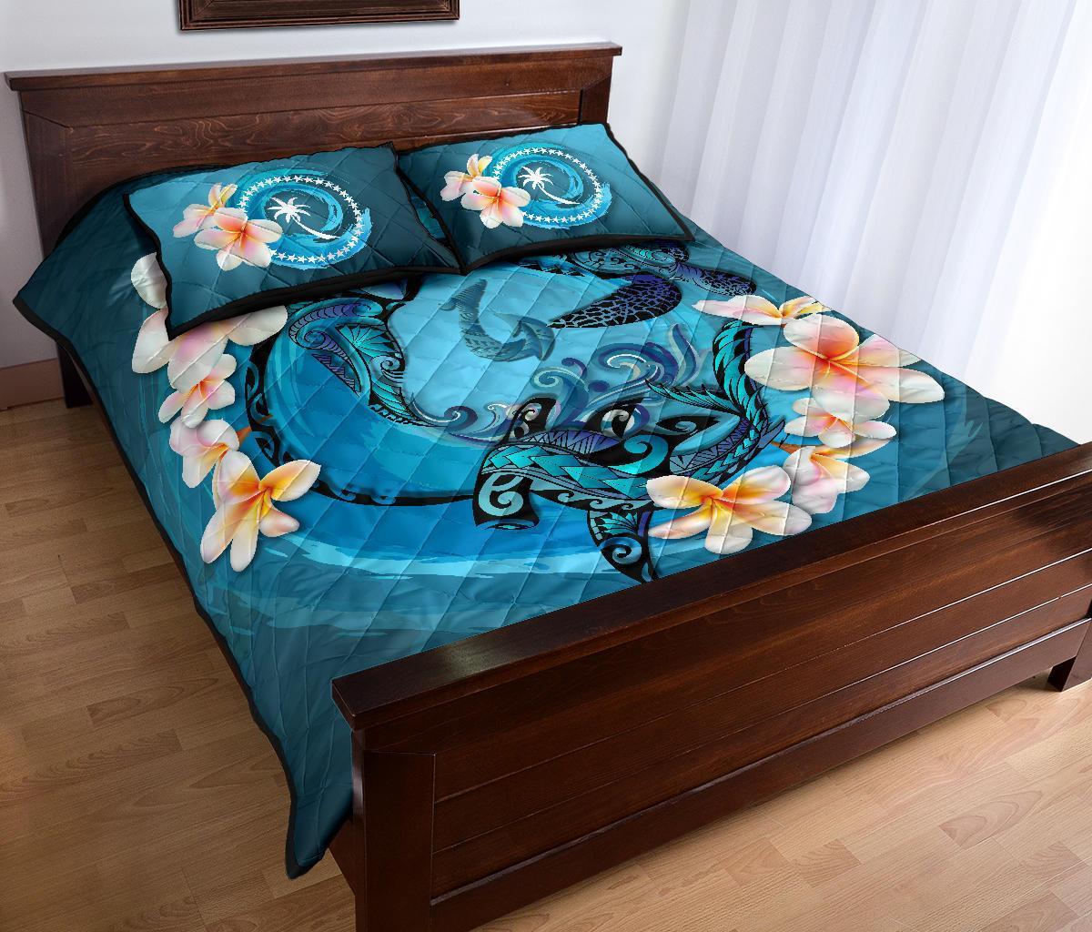 Chuuk Polynesian Quilt Bed Set - Blue Plumeria Animal Tattoo - Polynesian Pride