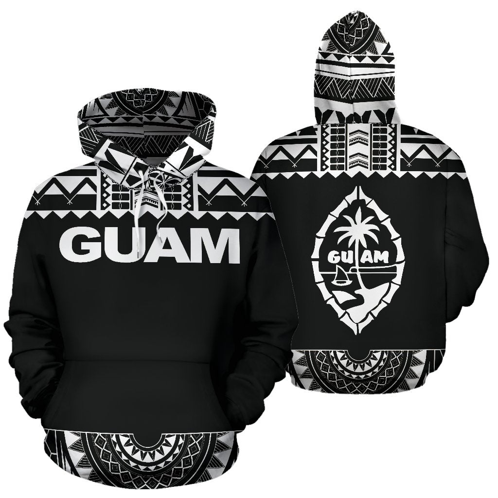 Guam All Over Hoodie Polynesian Black and White Unisex Black And White - Polynesian Pride