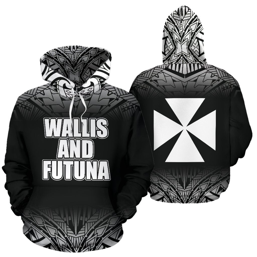 Wallis and Futuna All Over Hoodie Fog Black Style Unisex Black - Polynesian Pride