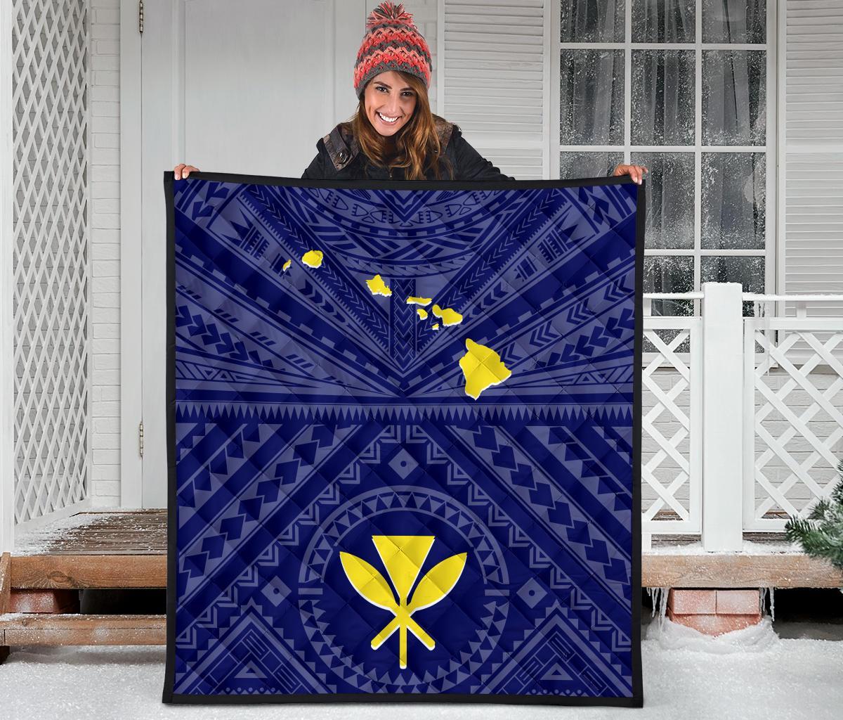 Hawaii Premium Quilt - Hawaii Kanaka Maoli And Map ( Blue) - Polynesian Pride