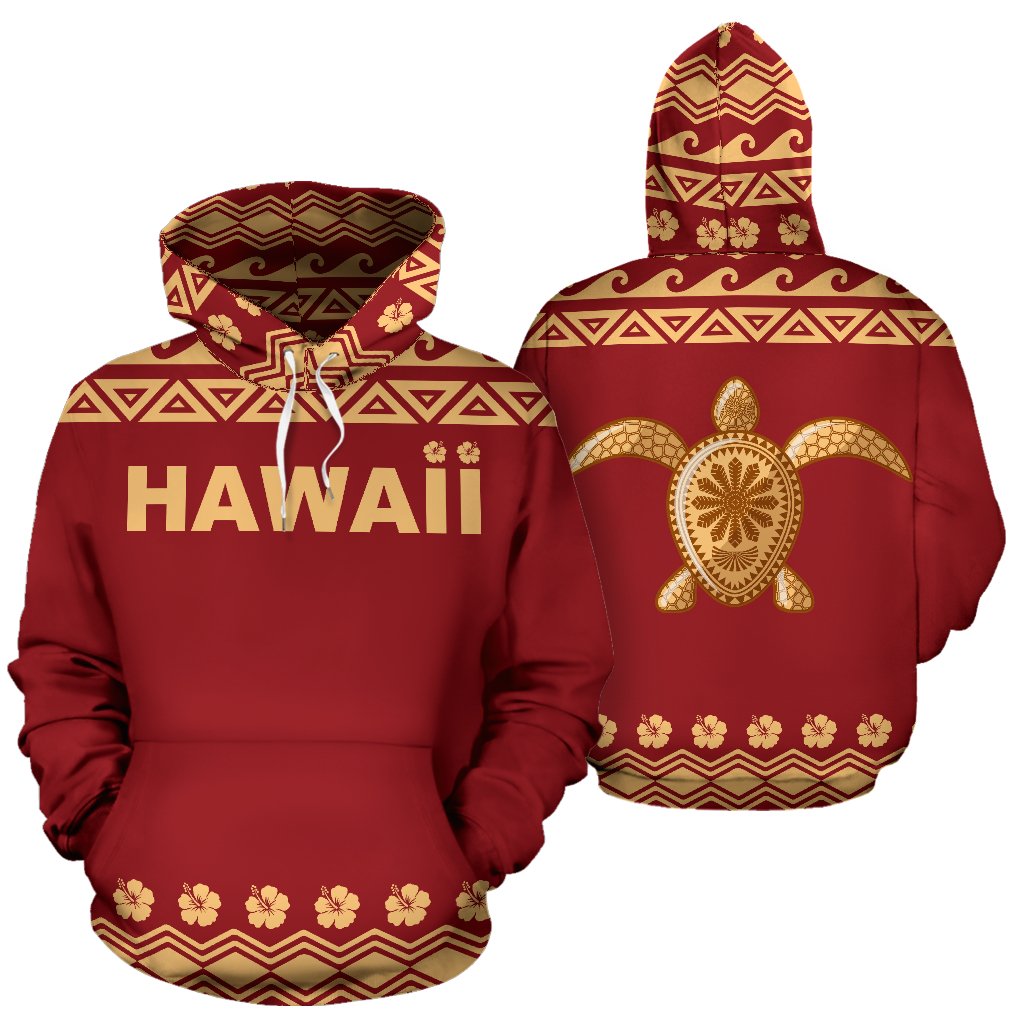 Hawaii All Over Hoodie Polynesian Turtle Red Unisex White - Polynesian Pride