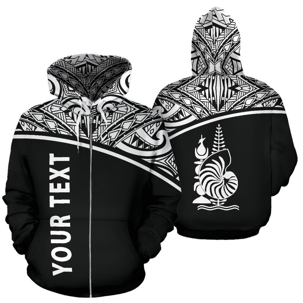 New Caledonia Polynesian All Over Custom Zip up Hoodie Black Curve Version Unisex Black - Polynesian Pride