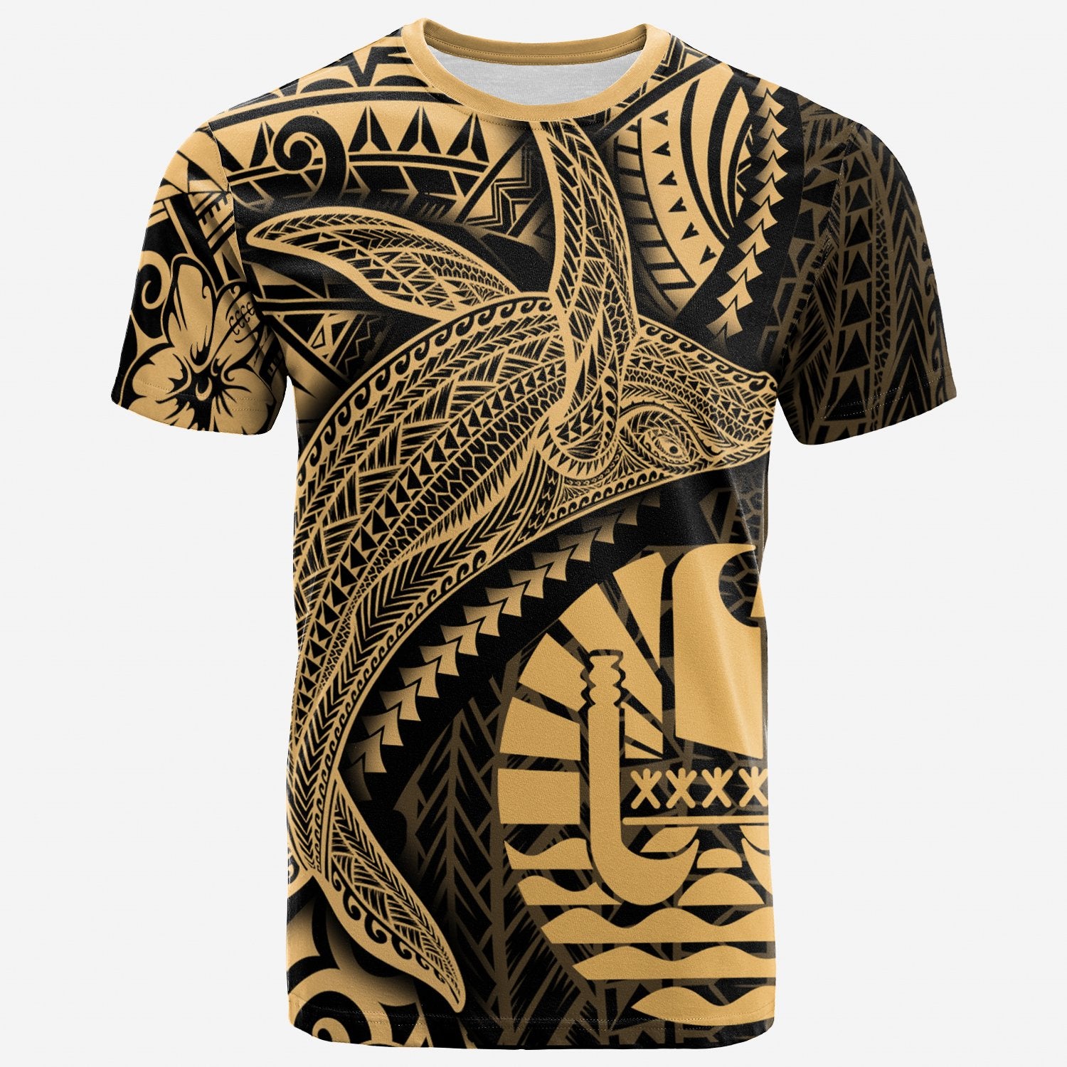 Tahiti T Shirt Humpback Whale & Coat of Arms Gold Unisex Art - Polynesian Pride