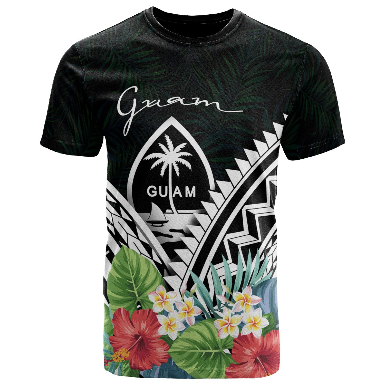 Guam Polynesian T Shirt Guam Coat of Arms & Polynesian Tropical Flowers White Unisex Art - Polynesian Pride