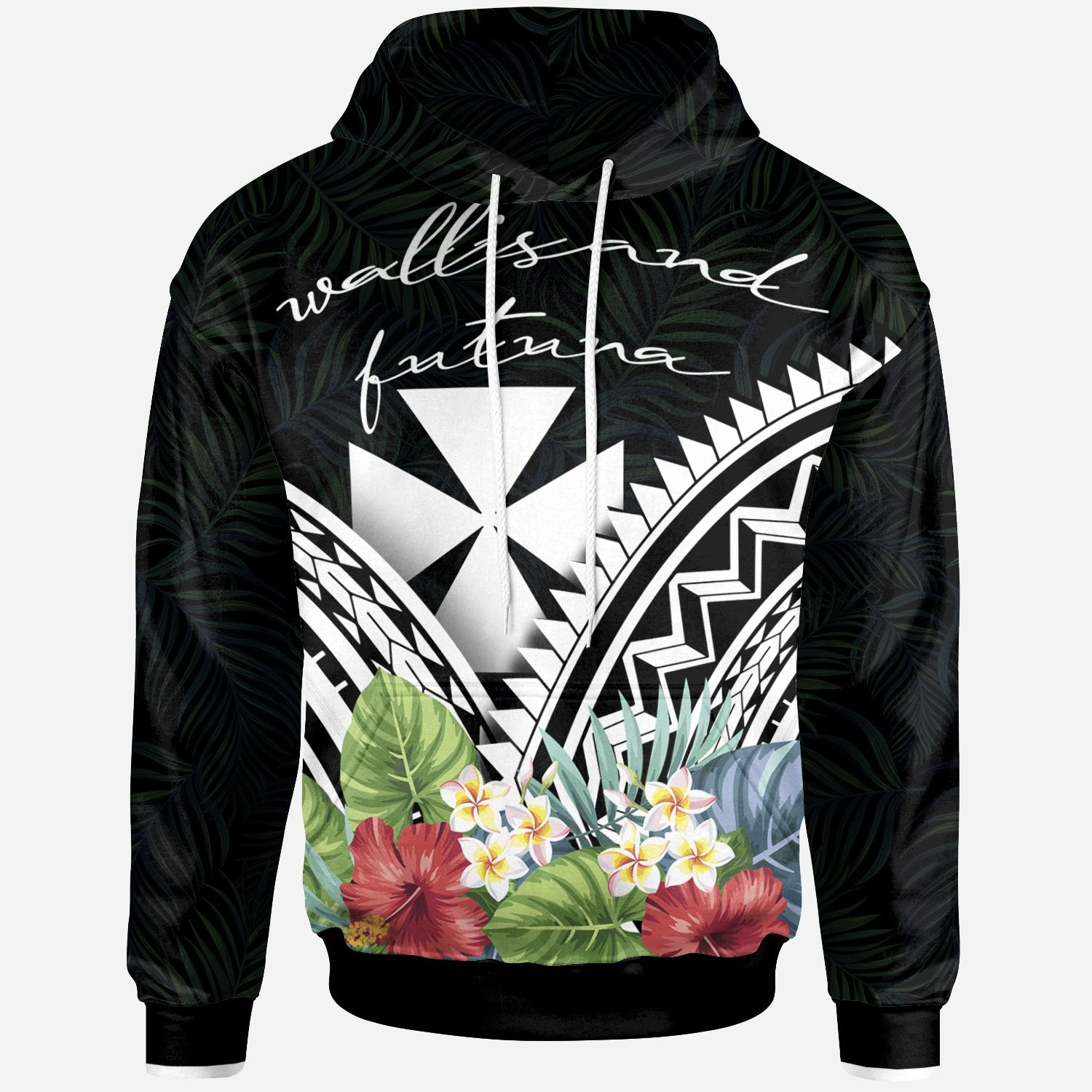 Wallis and Futuna Hoodie Wallis and Futuna Coat of Arms & Polynesian Tropical Flowers White Unisex White - Polynesian Pride