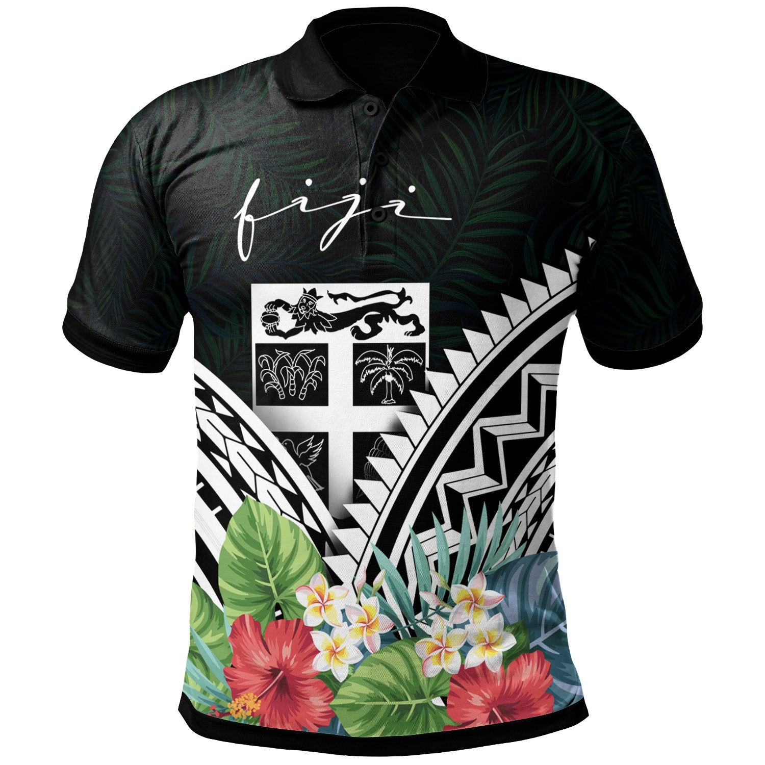 Fiji Polo Shirt Viti Coat of Arms and Polynesian Tropical Flowers White Unisex White - Polynesian Pride