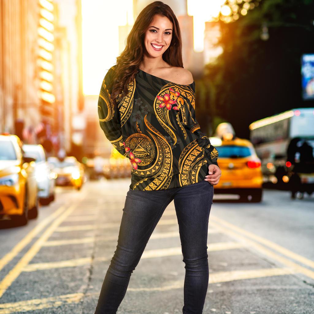 American Samoa Polynesian Off Shoulder Sweater - Gold Plumeria - Polynesian Pride