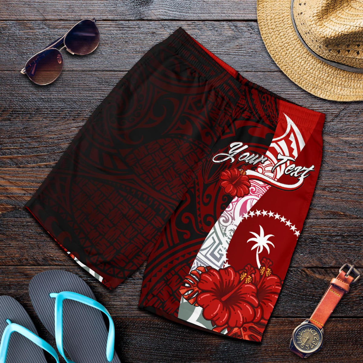 Chuuk Polynesian Custom Personalised Men's Shorts - Coat Of Arm With Hibiscus - Polynesian Pride