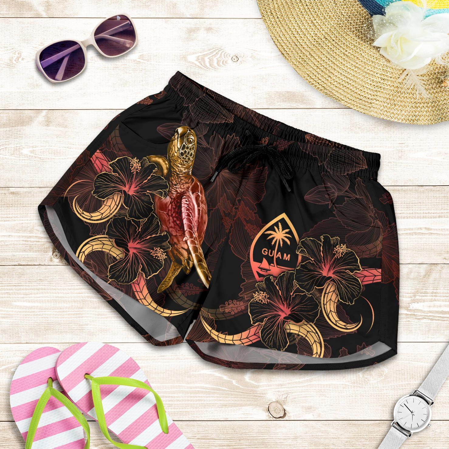 Guam Polynesian Women's Shorts - Turtle With Blooming Hibiscus Gold Women Gold - Polynesian Pride