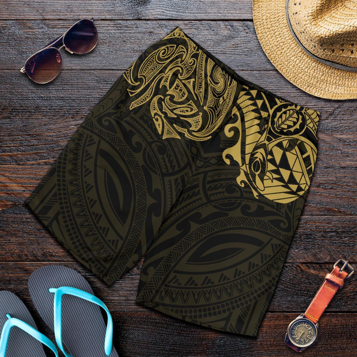 New Zealand All Over Print Men'S Shorts, Maori Polynesian Tattoo Gold - Polynesian Pride