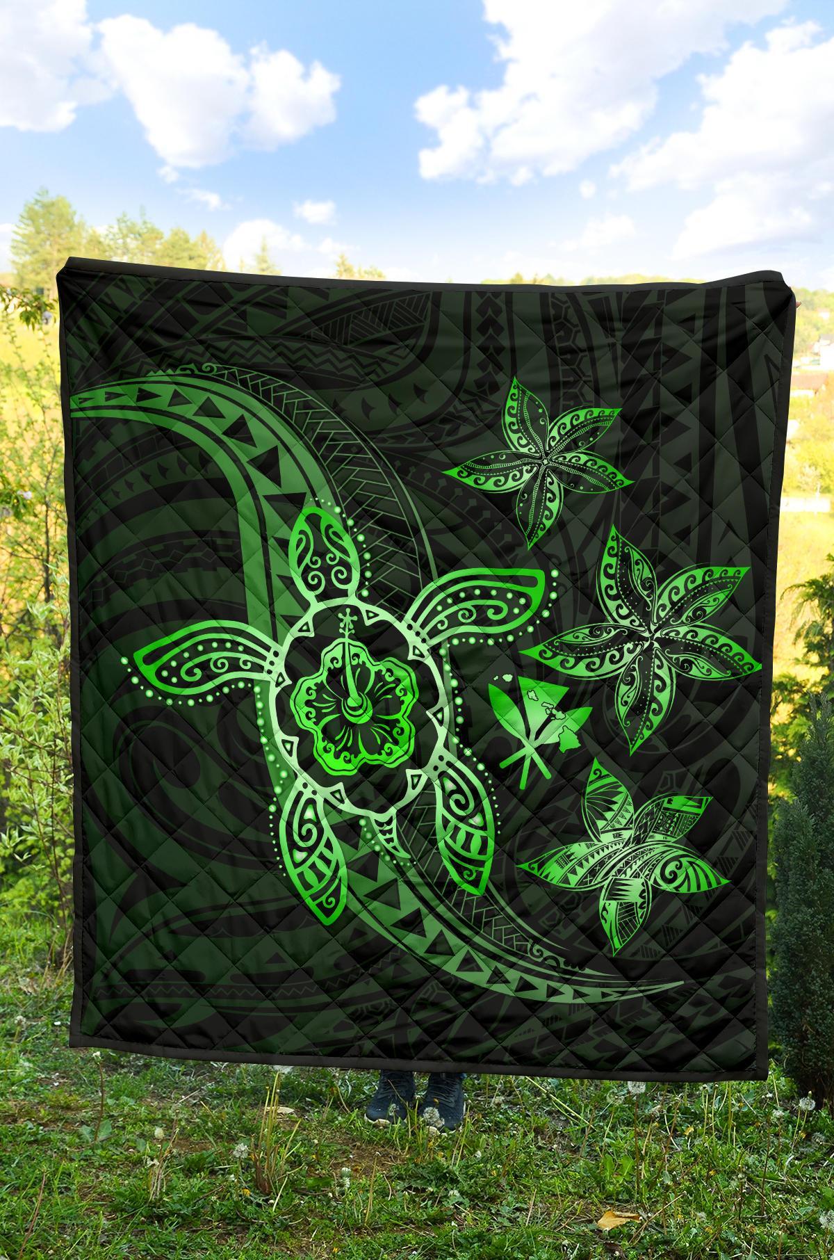 Kanaka Map Hibiscus Plumeria Turtle Art Green Polynesian Premium Quilt - Polynesian Pride