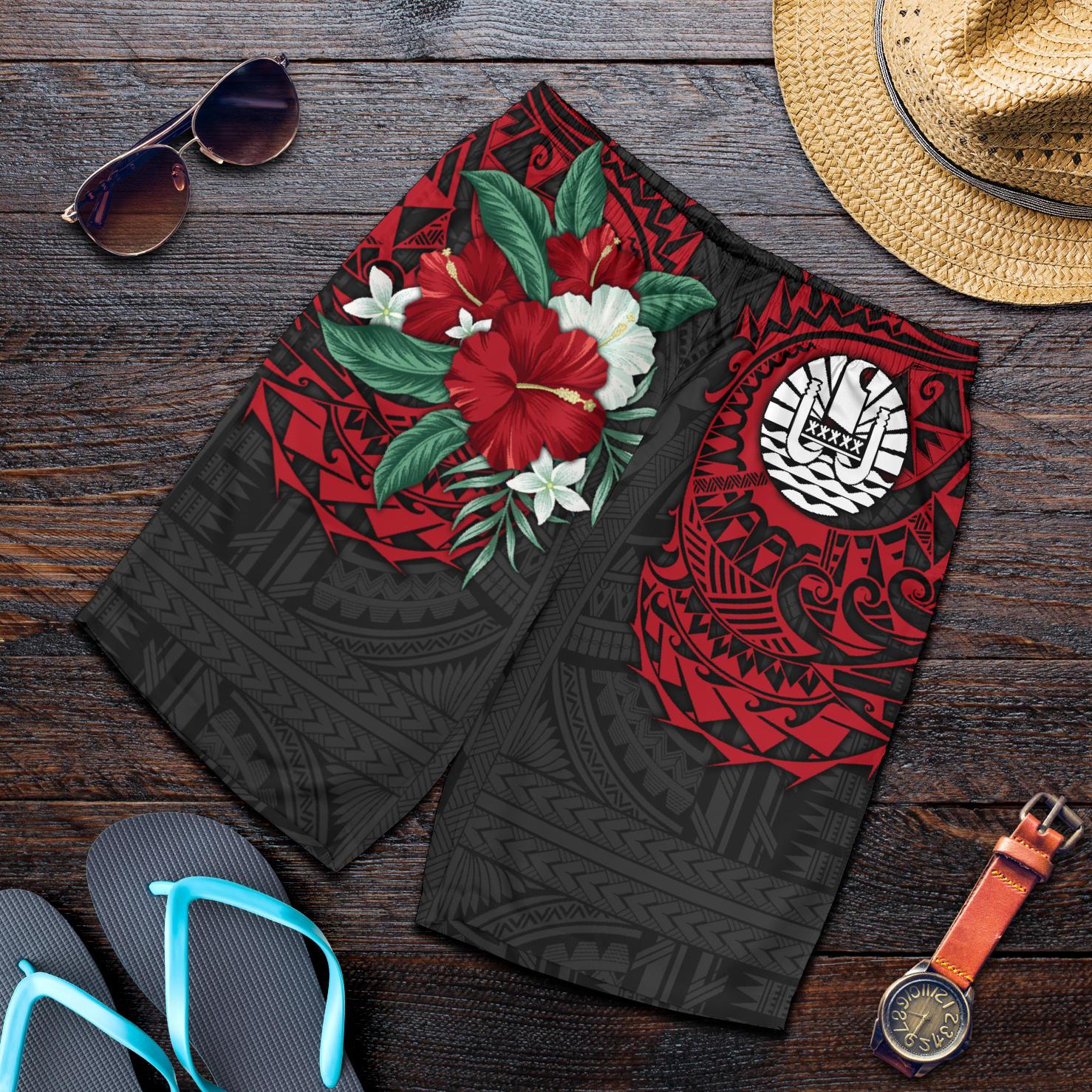 Tahiti Polynesian Men's Shorts - Hibiscus and Sea Turtle (Red) Red - Polynesian Pride