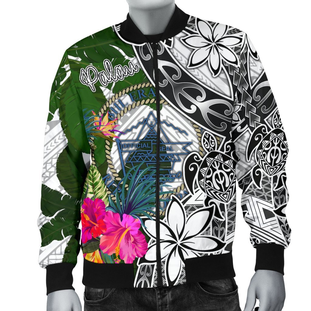 Palau Men's Bomber Jacket White - Turtle Plumeria Banana Leaf Crest - Polynesian Pride