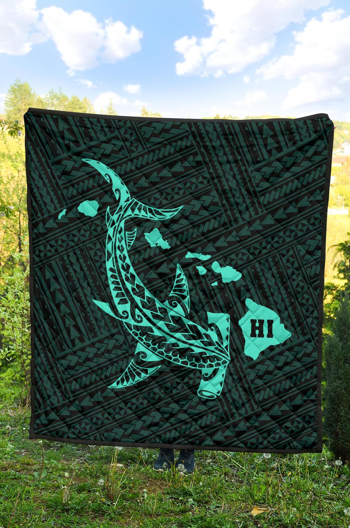 Hawaii Shark Turquoise Polynesian Premium Quilt - Polynesian Pride