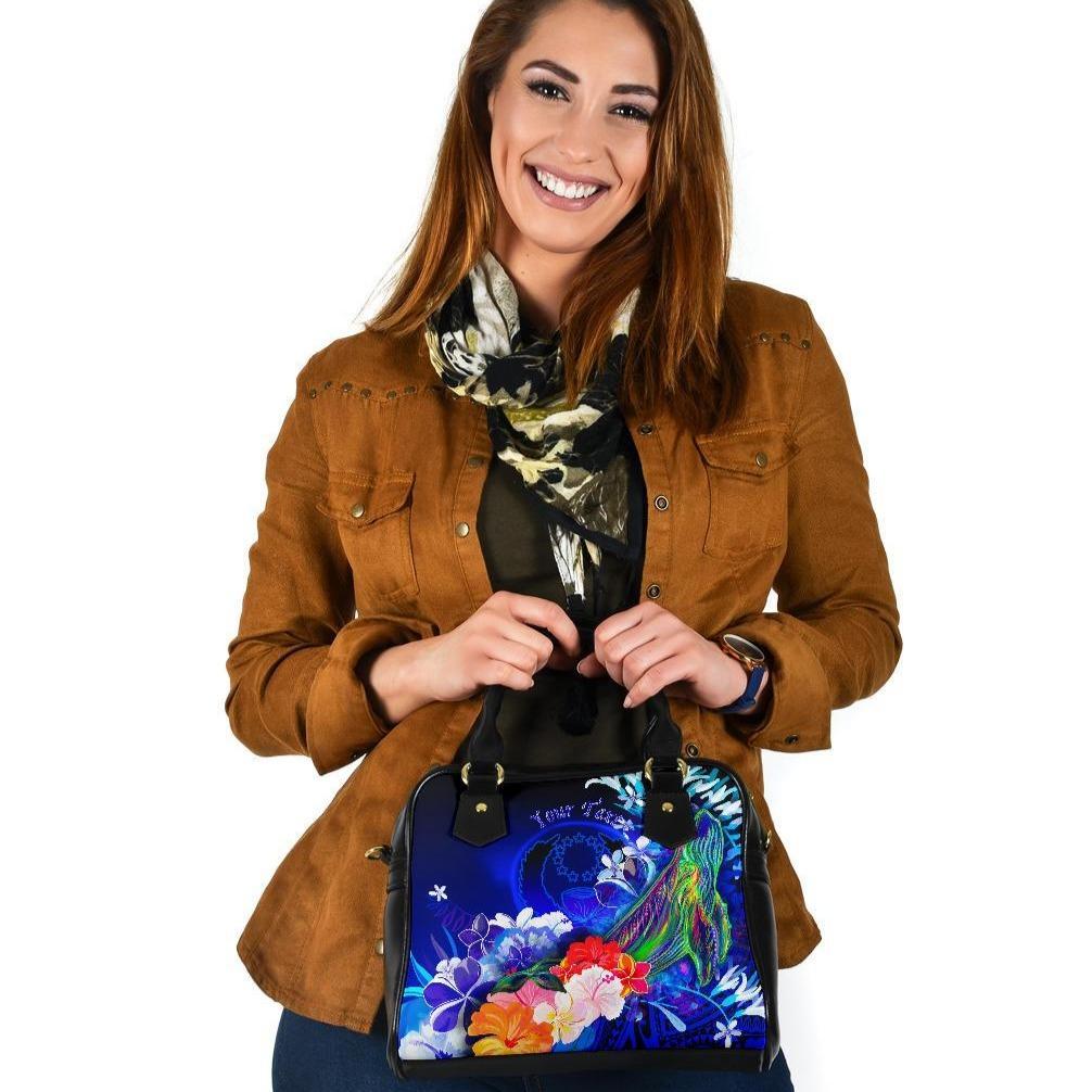 Pohnpei Custom Personalised Shoulder Handbag - Humpback Whale with Tropical Flowers (Blue) One Size Blue - Polynesian Pride