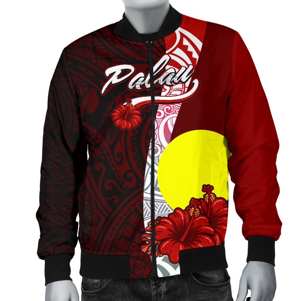 Palau Polynesian Men's Bomber Jacket - Coat Of Arm With Hibiscus - Polynesian Pride