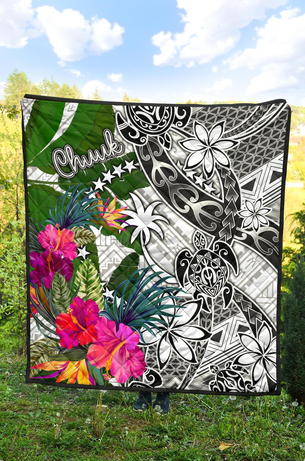 Chuuk Premium Quilt White - Turtle Plumeria Banana Leaf - Polynesian Pride