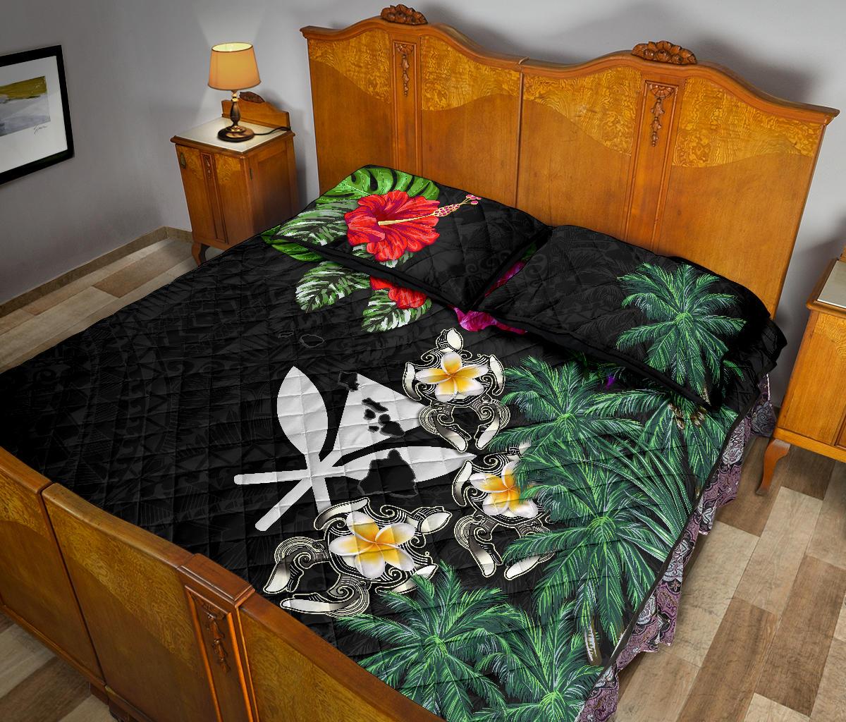 Kanaka Maoli (Hawaiian) Quilt Bed Set - Hibiscus Turtle Tattoo Black - Polynesian Pride