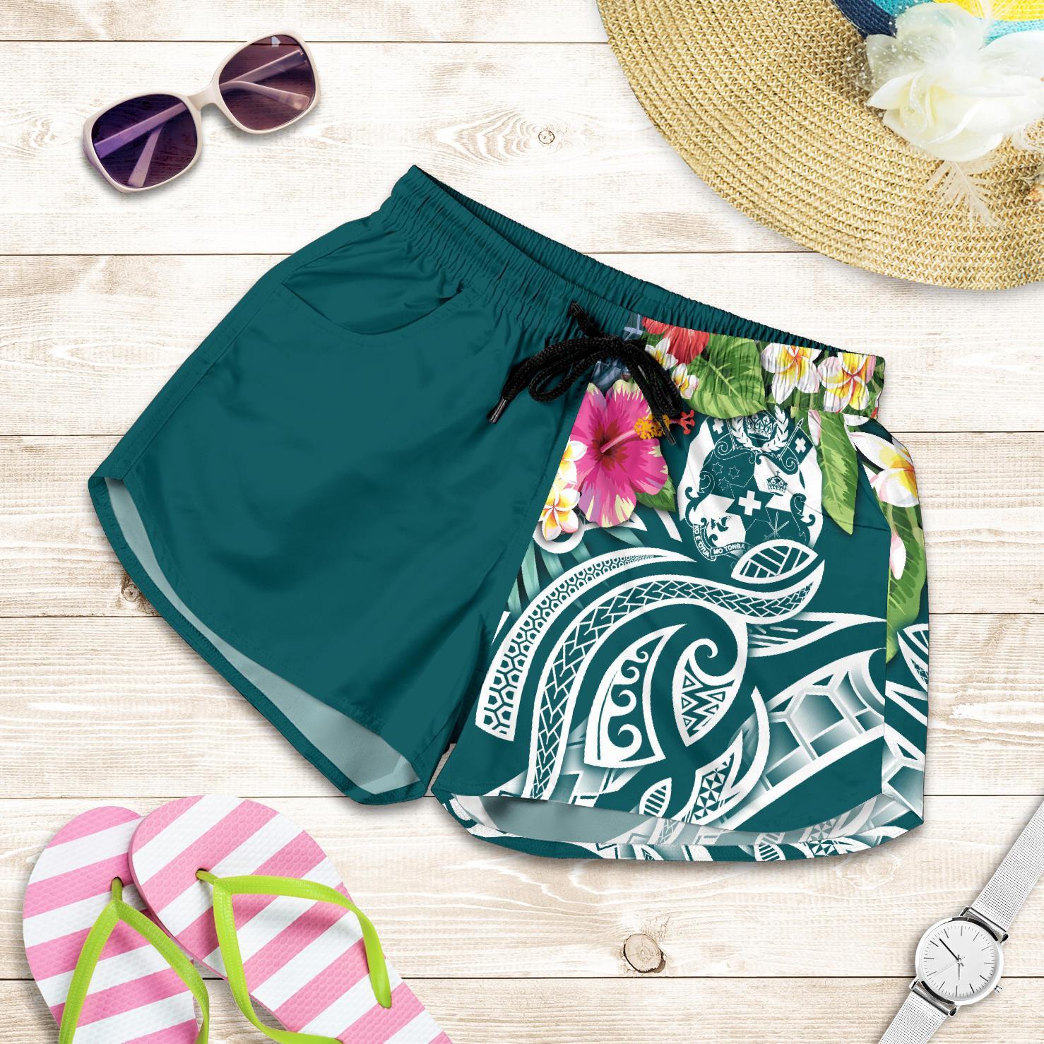 Tonga Polynesian Women's Shorts - Summer Plumeria (Turquoise) Women Turquoise - Polynesian Pride