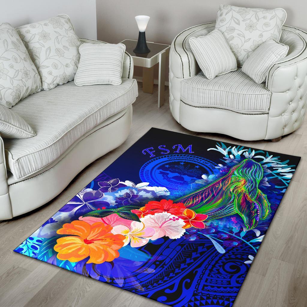 Federated States of Micronesia Area Rug - Humpback Whale with Tropical Flowers (Blue) - Polynesian Pride