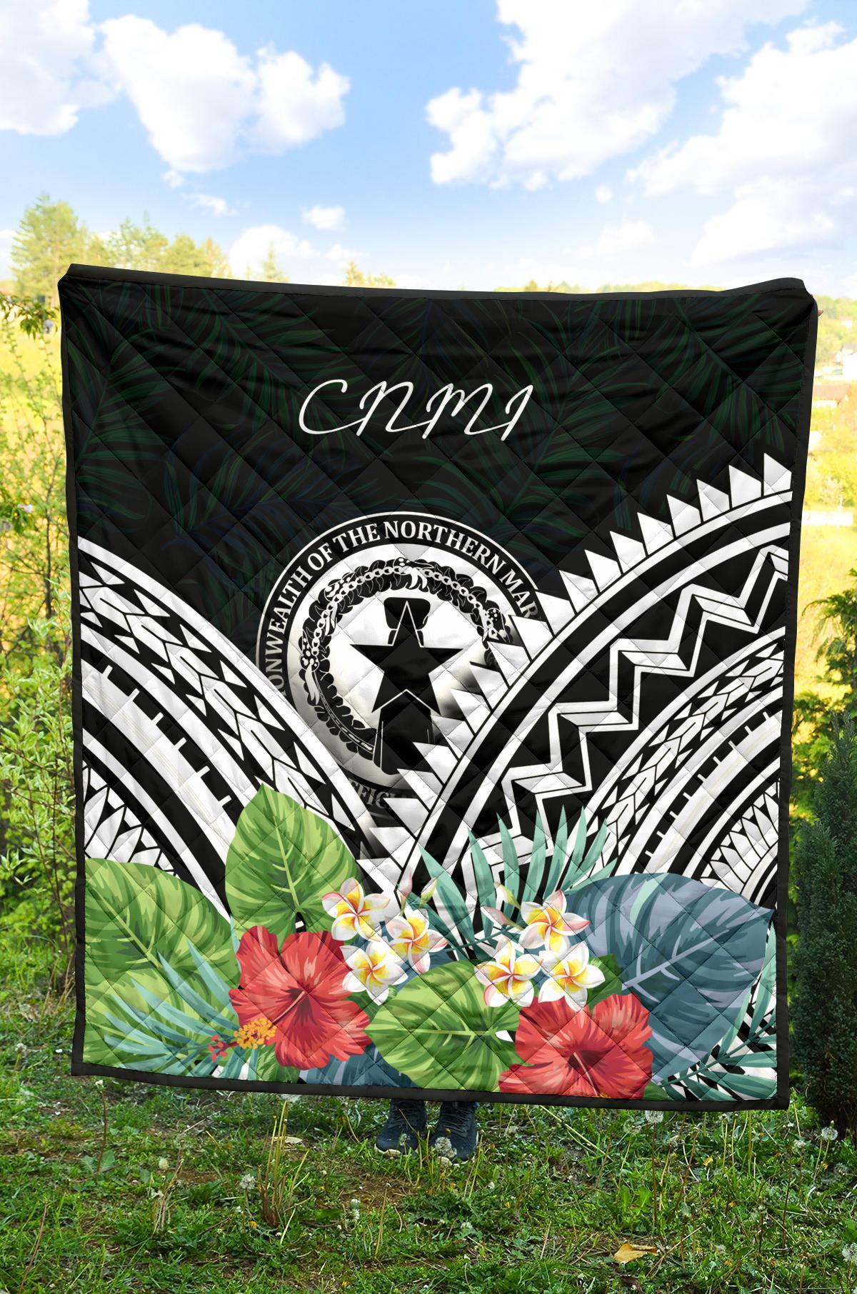 CNMI Premium Quilt - CNMI Coat of Arms & Polynesian Tropical Flowers White - Polynesian Pride