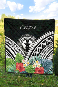 CNMI Premium Quilt - CNMI Coat of Arms & Polynesian Tropical Flowers White - Polynesian Pride