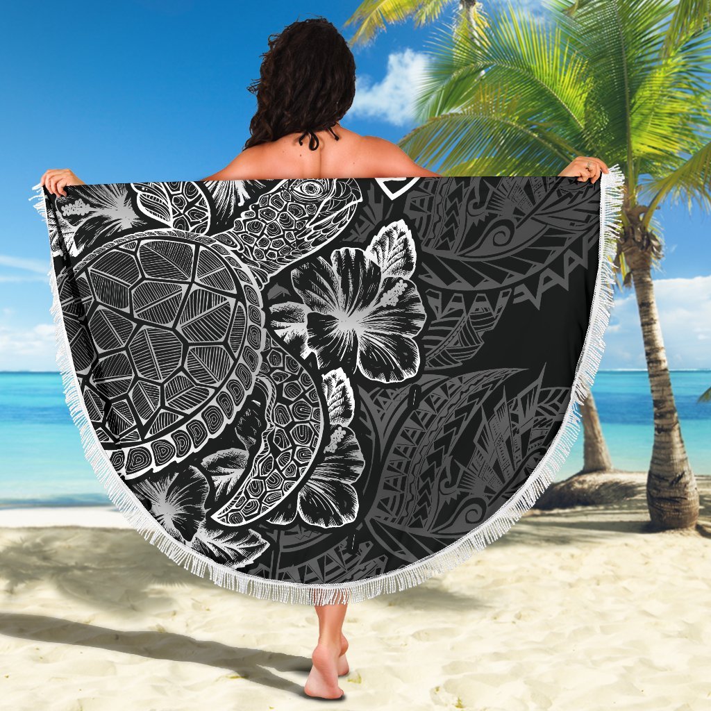 Guam Polynesia Beach Blanket Turtle Hibiscus Black - Polynesian Pride