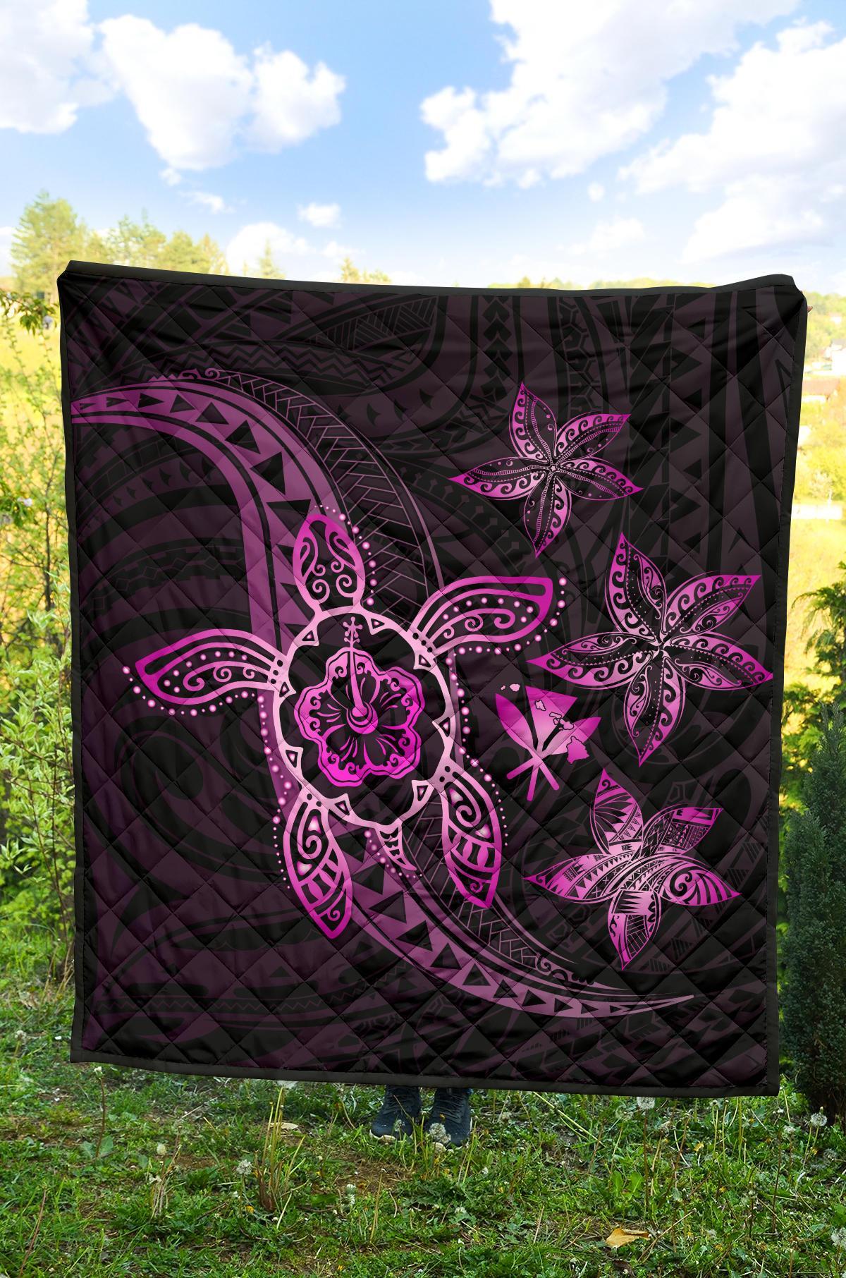 Kanaka Map Hibiscus Plumeria Turtle Art Pink Polynesian Premium Quilt - Polynesian Pride