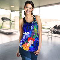 Pohnpei Custom Personalised Women's Racerback Tank - Humpback Whale with Tropical Flowers (Blue) - Polynesian Pride