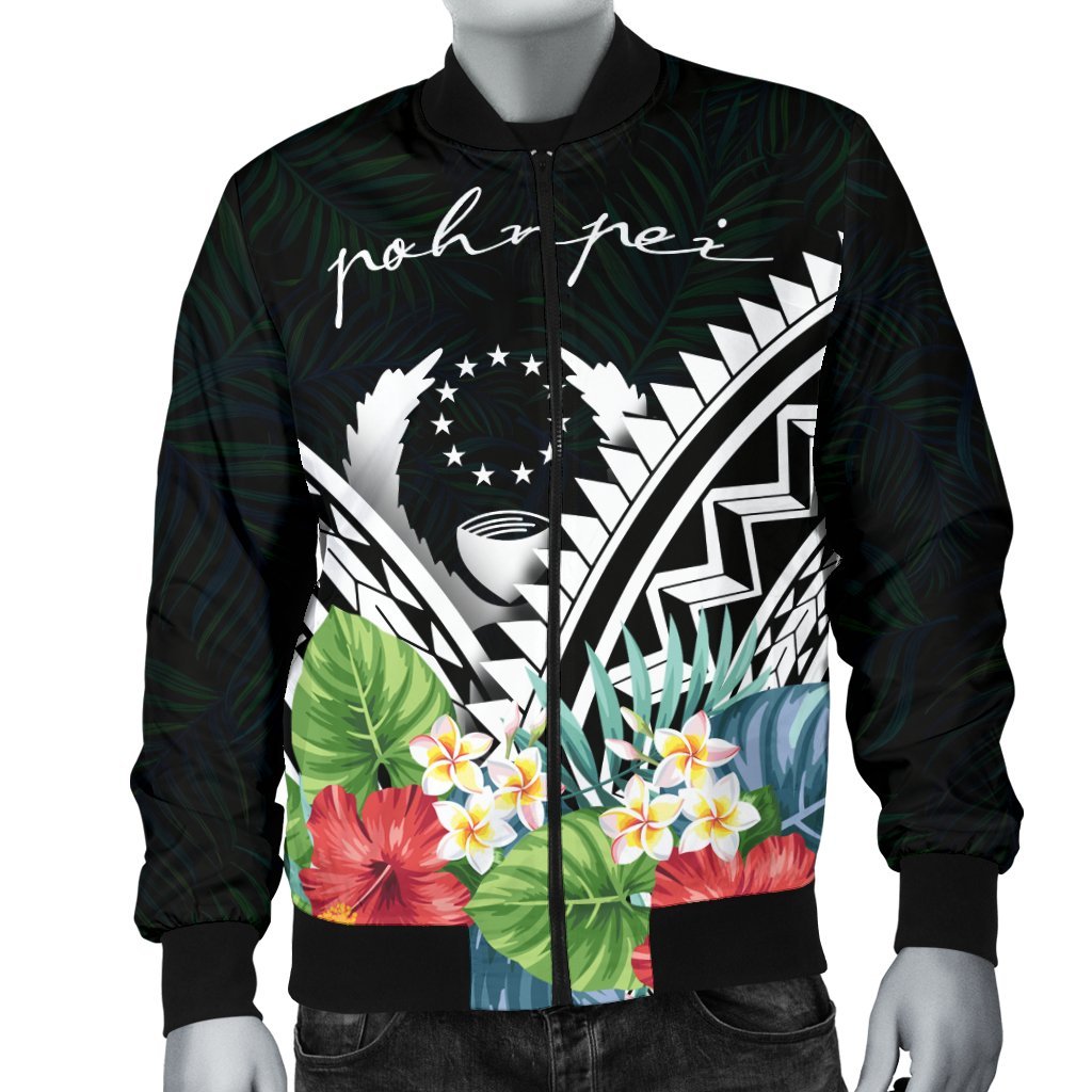 Pohnpei Men's Bomber Jacket - Pohnpei Caledonia Coat of Arms & Polynesian Tropical Flowers White - Polynesian Pride