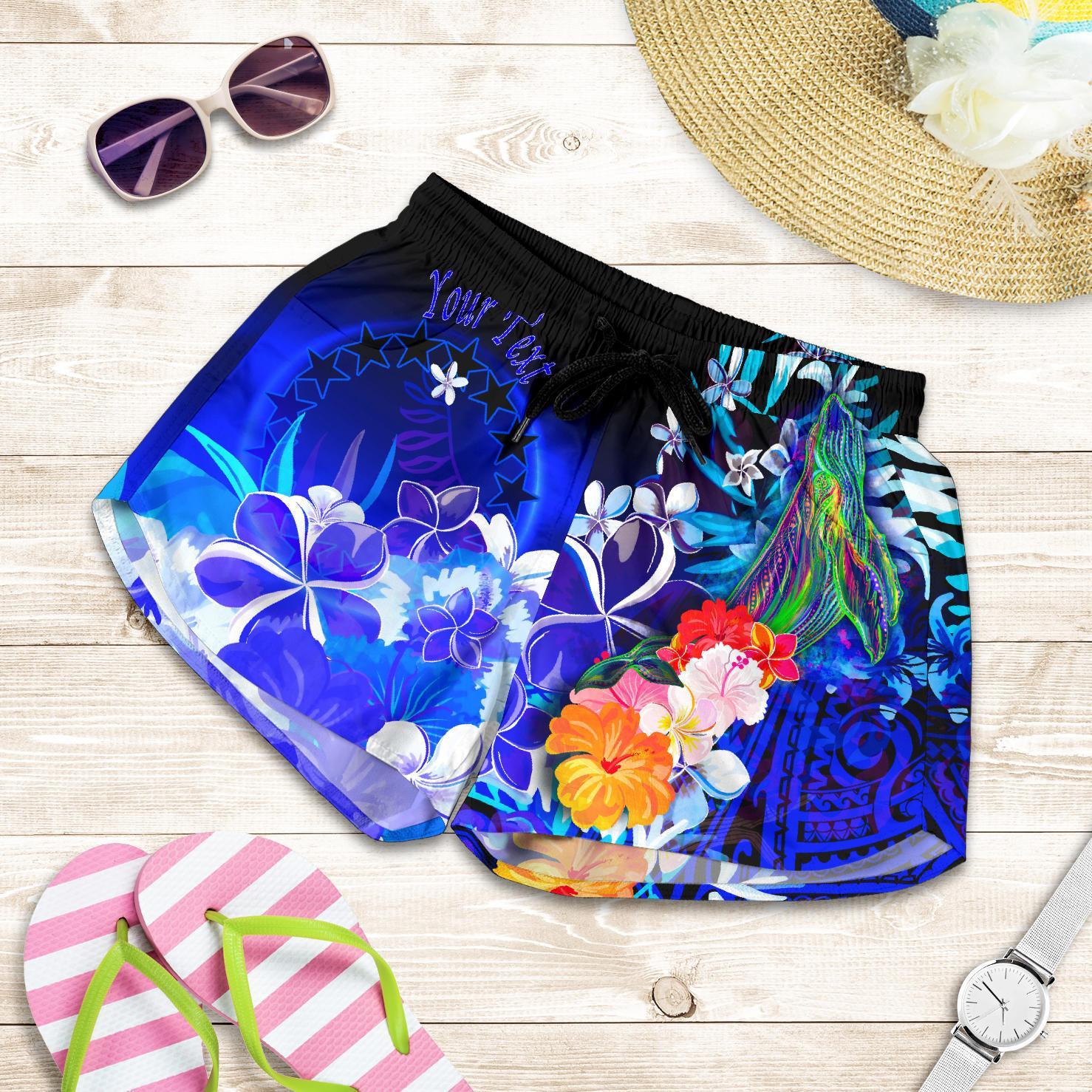 Cook Islands Custom Personalised Women's Shorts - Humpback Whale with Tropical Flowers (Blue) Women Blue - Polynesian Pride