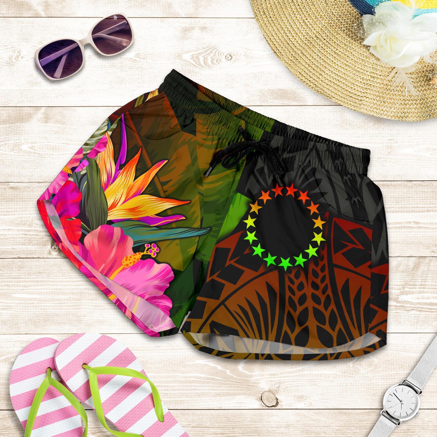 Cook Islands Polynesian Women's Shorts - Hibiscus and Banana Leaves Women Reggae - Polynesian Pride