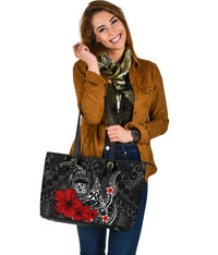 Polynesian Hawaii Large Leather Tote Bag - Humpback Whale with Hibiscus (White) - Polynesian Pride